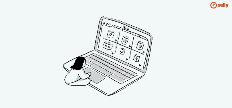 Grafika kobiety siedzącej przed laptopem i przeglądającej katalog produktów online.