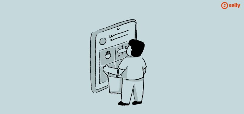 Kreskówkowa grafika mężczyzny patrzącego na ekran witryny sklepowej. 