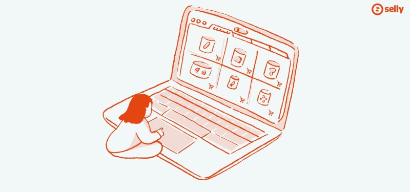 Grafika dziewczyny zamawiającej produkty na laptopie.
