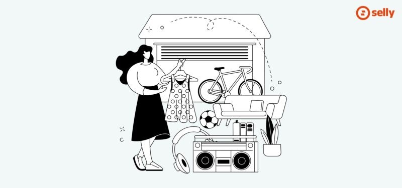 Grafika przedstawiająca kobietę, która wystawia swoje używane przedmioty. Nawiązuje to do tematu wpisu - czym jest re-commerce?