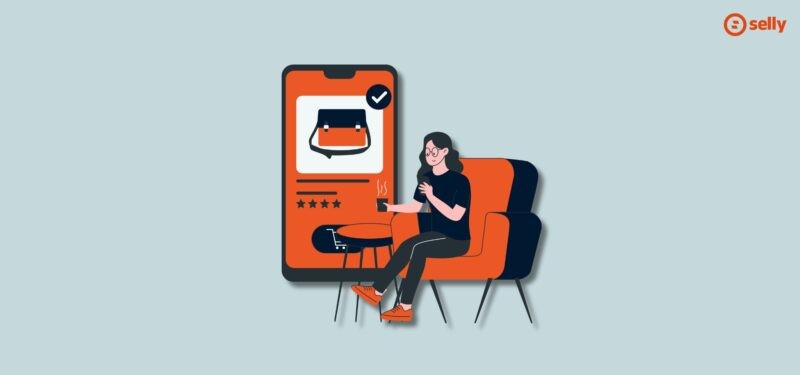 Grafika kobiety siedzącej na fotelu i kupującej torebkę przez telefon. Temat wpisu: optymalizacja mobilna w e-commerce