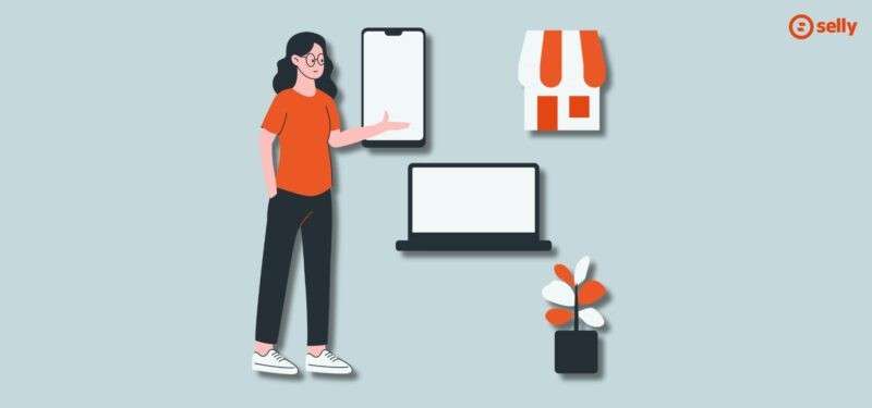 Grafika kobiety pokazującą ręką na telefon, obok jest pokazany laptop.