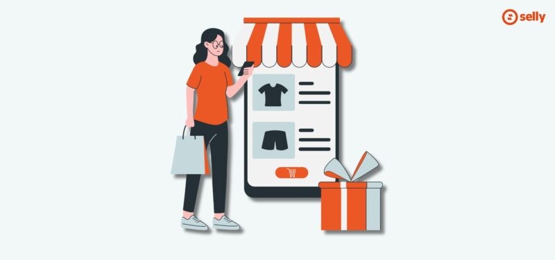 Grafika kobiety stojącej przed witryną sklepu - ekranem telefonu. 