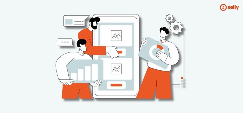 Kreskówkowa grafika mężczyzn, którzy budują stronę internetową na telefonie.