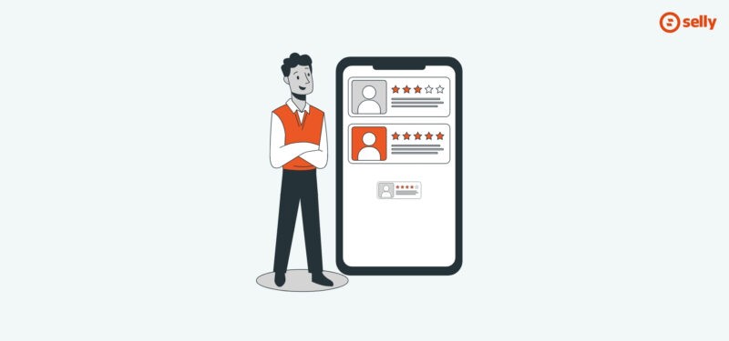 Grafika mężczyzny przy telefonie, na którym są wyświetlane pozytywne opinie klientów.