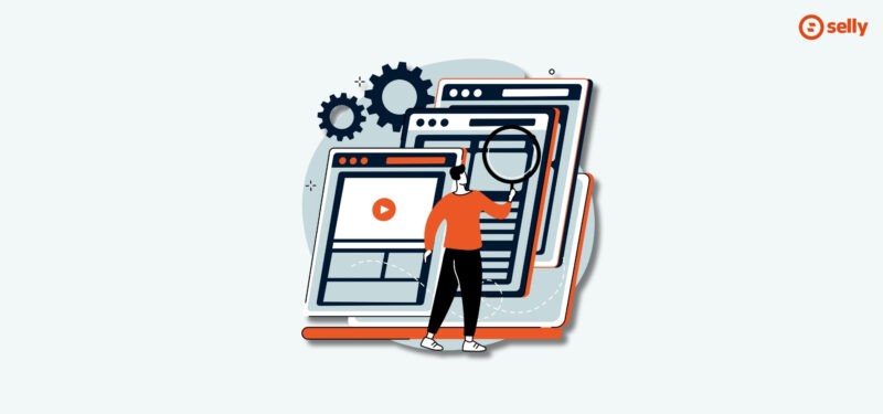 Grafika mężczyzny z lupą sprawdzającego optymalizację mobilną. 