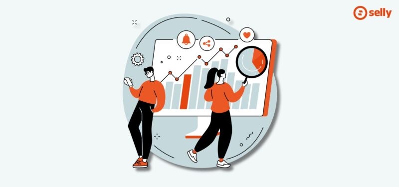 Grafika kreskówkowa dwóch osób analizujących reklmay w social mediach na komputerze.