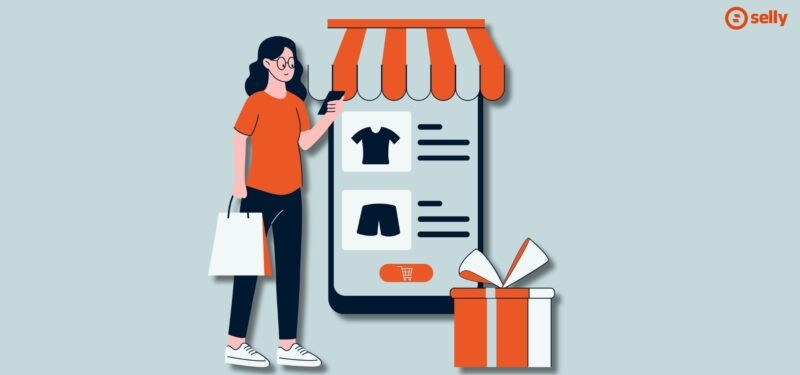 Grafika przedstawiająca kobietę kupującą produkty przez telefon.