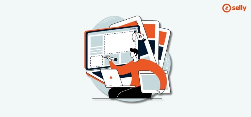 Kreskówkowa grafika mężczyzny projektującego stronę produktu.