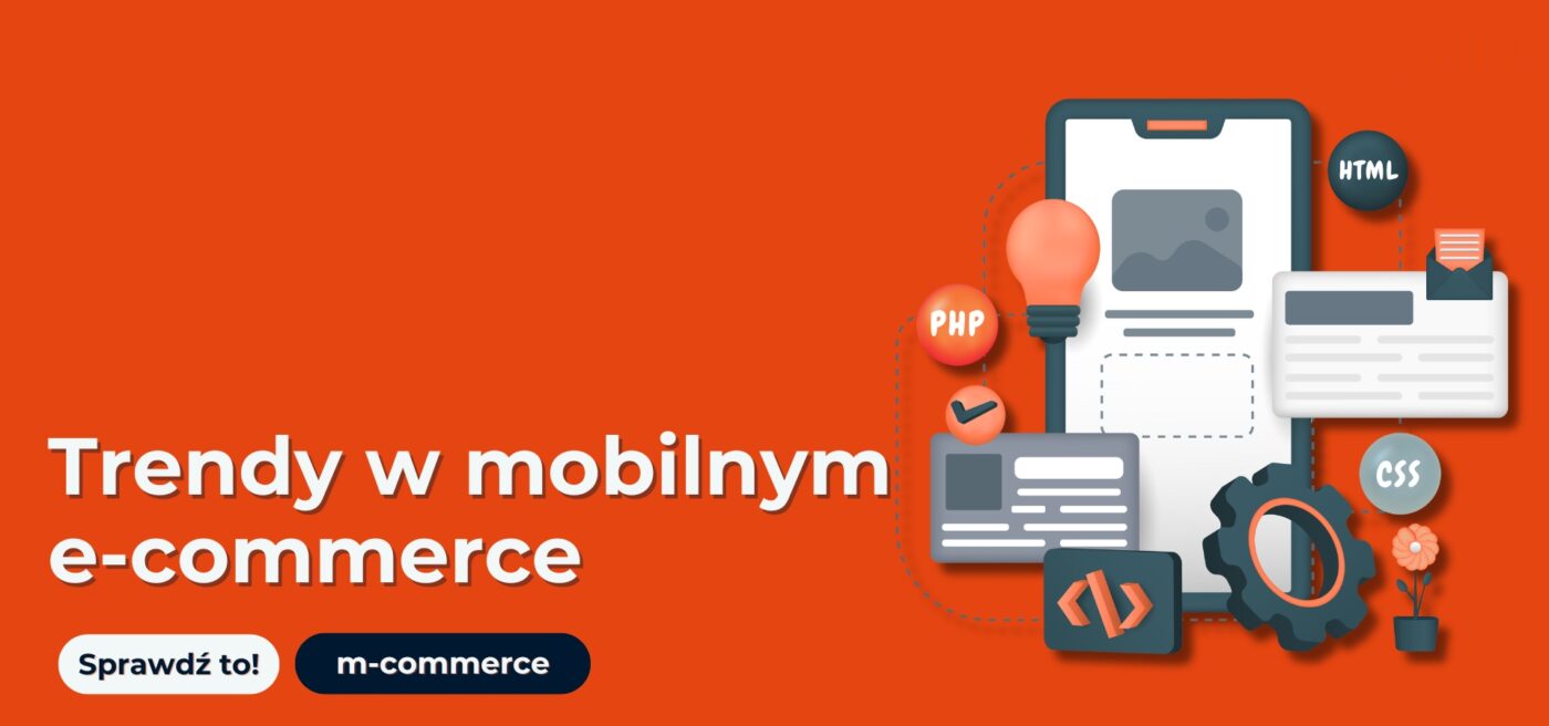 Trendy w mobilnym e-commerce. Pomarańczowe tło i grafika telefonu.