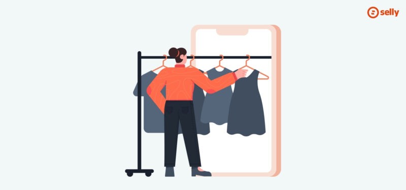 Grafika kobiety przeszukującej ubrania przez telefon.