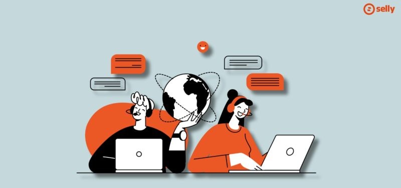 Kreskówkowa grafika przedstawiająca dział techniczny sklepu rozmawiający z klientami. Temat wpisu: jak utrzymać klienta w sklepie internetowym.