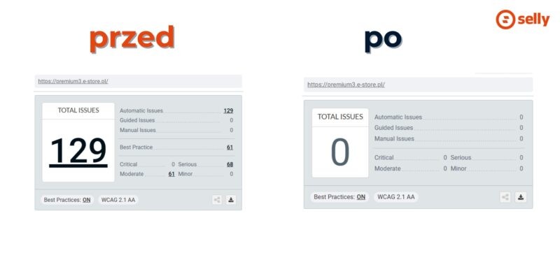 Audyt Selly WCAG 2.2 AA, 129 błędów w na stronie głównej.