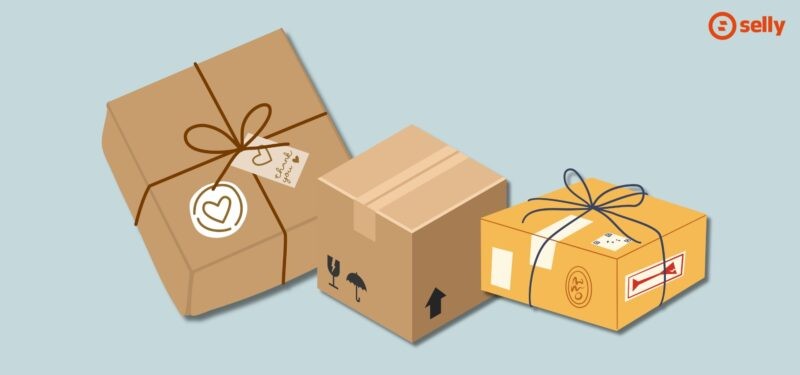 Opakowania w e-commerce. Grafika kreskówkowych opakowań w różnym stylu.