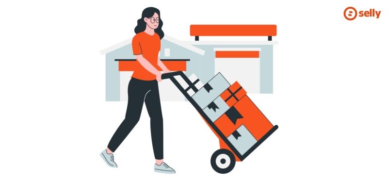 Grafika kobiety jadącej z taczką pełną paczek. Temat fulfillment.