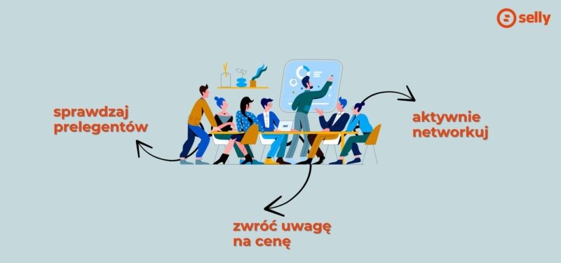 Grafika przedstawiająca konferencje e-commerce. Na niej kilka rzeczy, na które warto zwrócić uwagę - na prelegentów konferencji e-commerce, na cenę i networking