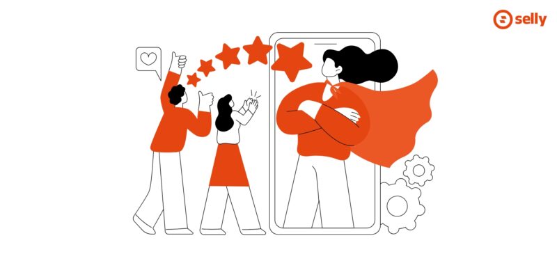 Marka osobista w e-commerce. Grafika przedstawiająca zadowolonych klientów, którzy dają 5 gwiazdek właścicielce sklepu w pelerynie.