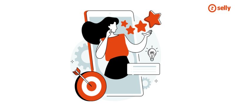 Marka osobista w e-commerce. Grafika kobiety reklamującej się przez smartfon.