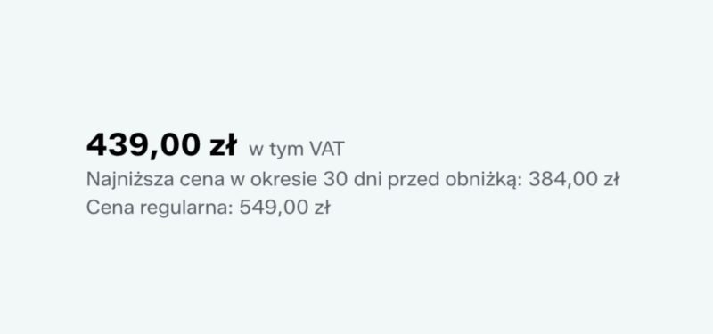 Grafika z tym, jak komunikować najniższą cenę poprawnie, żeby unikać pułapek omnibusa. 
Jest pokazana najpierw cena w tym VAT, poniżej najniższa cena w okresie 30 dni przed obniżką i cena regularna.