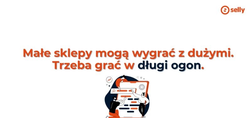 SEO sklepu internetowego - temat wpisu. Na grafice napis: Małe sklepy mogą wygrać z dużymi. Trzeba grać w długi ogon.