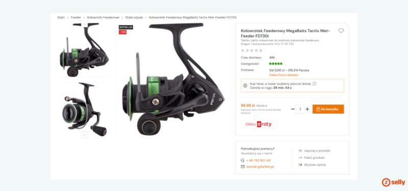 Karta produktu z nowoczesną galerią zdjęć, odliczaniem czasu do wysyłki, szybkim kontaktem oraz najważniejszymi informacjami zakupowymi, co usprawnia decyzję klienta.
