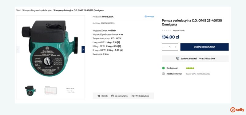 Karta produktu konkretnej pompy.