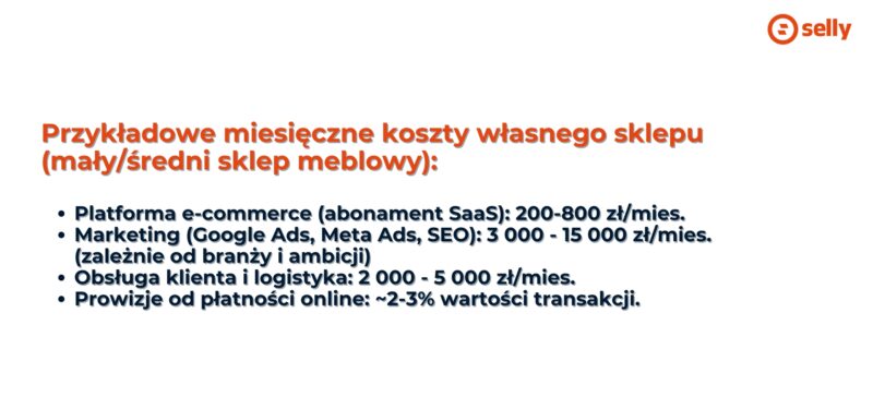 Breakdown kosztów prowadzenia własnego sklepu e-commerce: platforma 200-800 zł, marketing 3000-15000 zł, logistyka 2000-5000 zł