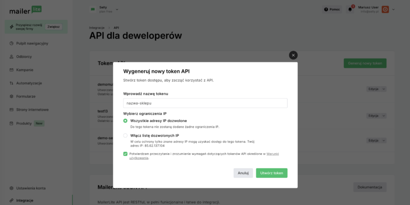 Jak wygenerować token w MailerLite