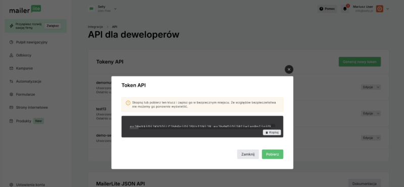 Jak skopiować token API z MailerLite
