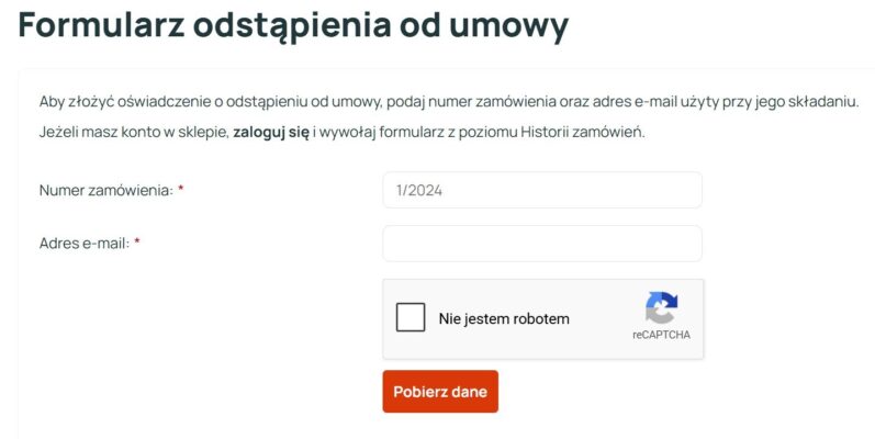 Krok 1 formularza odstąpienia od umowy.
