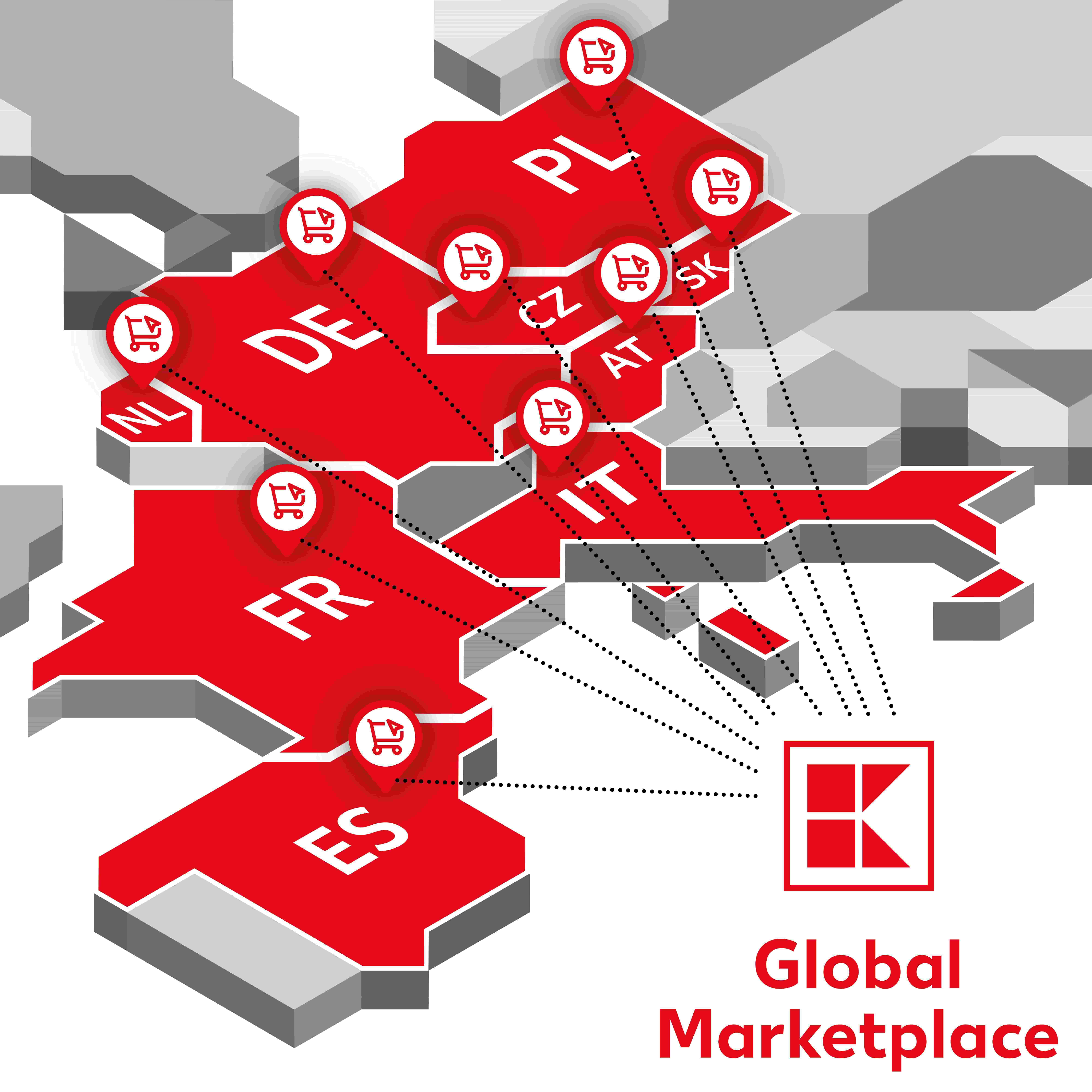 Grafika pokazująca mapę Europy i w jakich krajach dostępny jest marketplace Kaufland