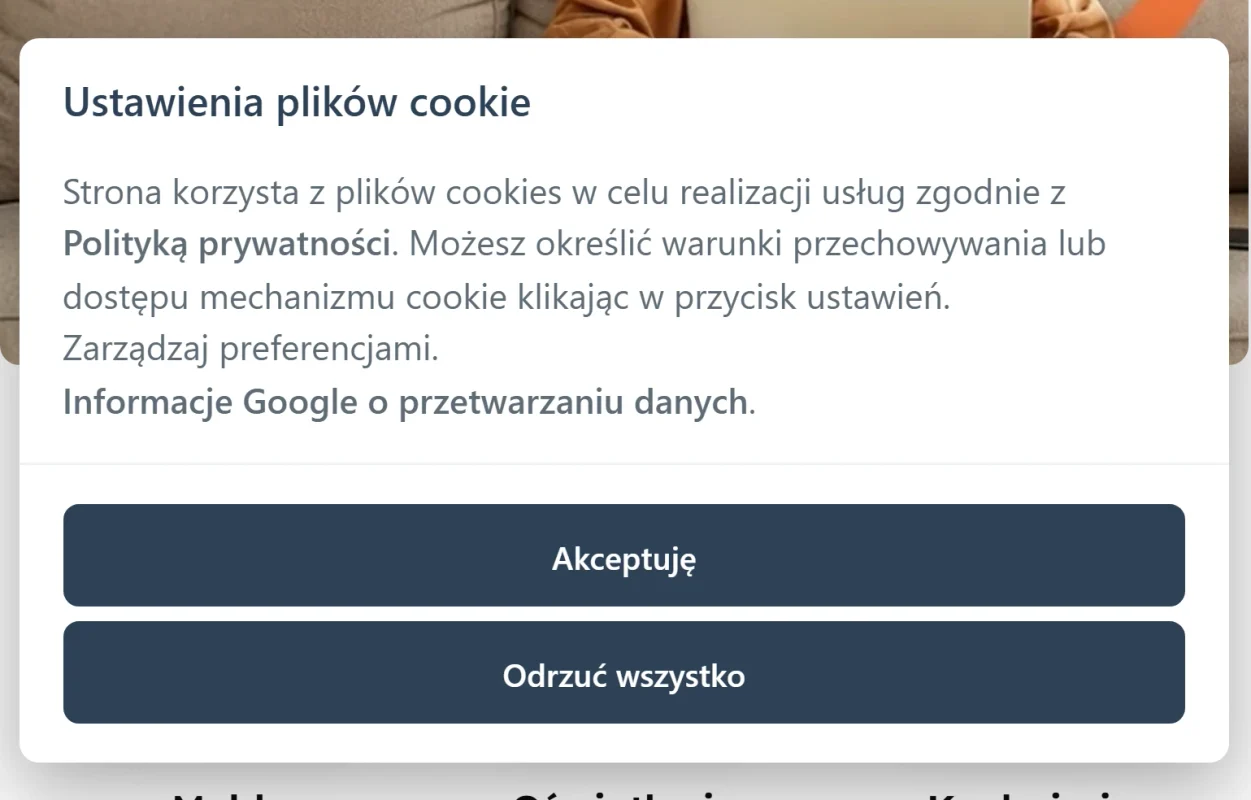 Okno zgód cookies z linkiem „Informacje Google o przetwarzaniu danych”