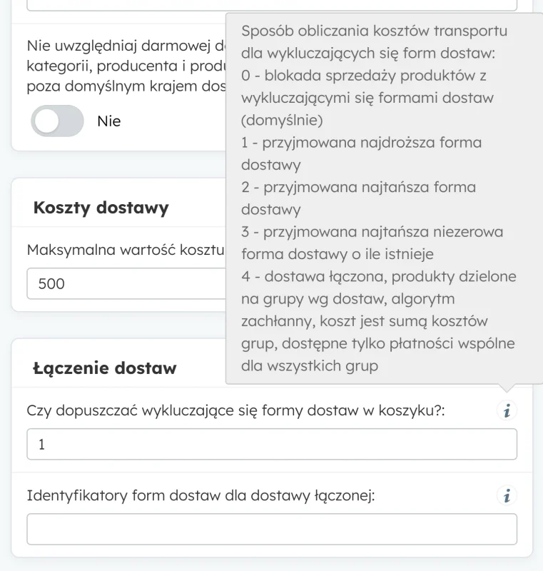 Podpowiedź z wartościami 0-4 dla wykluczających się form dostawy w panelu Selly