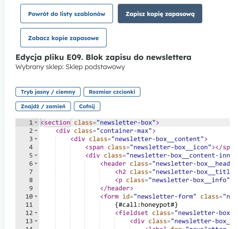 Znacznik {#call:honeypot#} w szablonie „E09. Blok zapisu do newslettera”